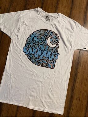 Hanes White Short-Sleeve Tee with Blue Paisley Graphic